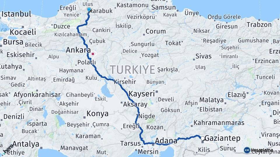 Karabük Safranbolu Gaziantep Arası Kaç Km - Yol Haritası