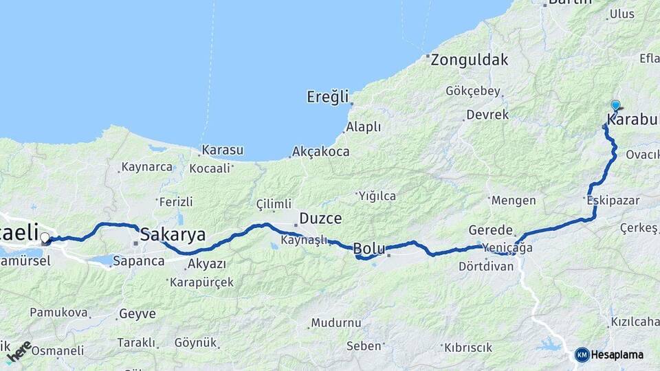 Karabük Safranbolu Kocaeli Arası Kaç Km - Yol Haritası