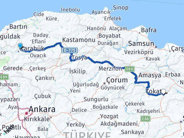 Karabük Safranbolu Tokat Arası Kaç Km - Yol Haritası