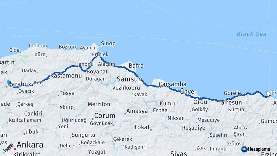 Karabük Safranbolu Trabzon Arası Kaç Km - Yol Haritası
