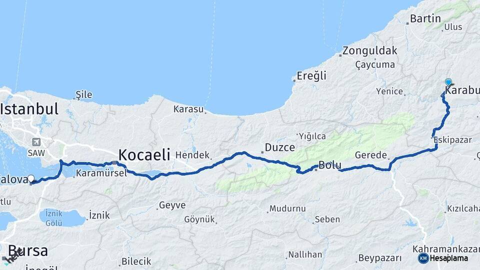 Karabük Safranbolu Yalova Arası Kaç Km - Yol Haritası