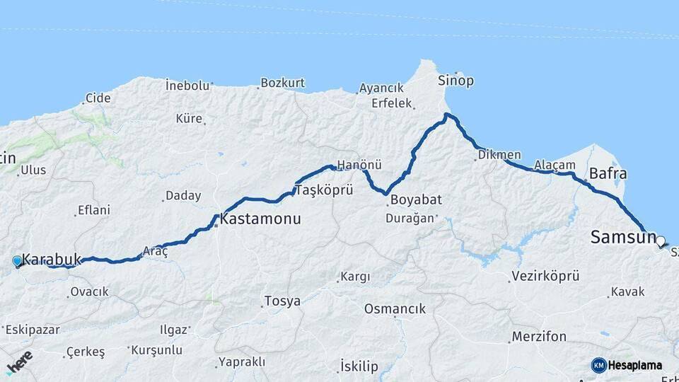 Karabük Samsun Arası Kaç Km - Yol Haritası