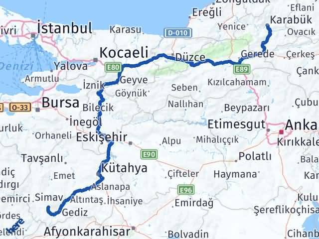 Karabük Şaphane Kütahya Arası Kaç Km - Yol Haritası
