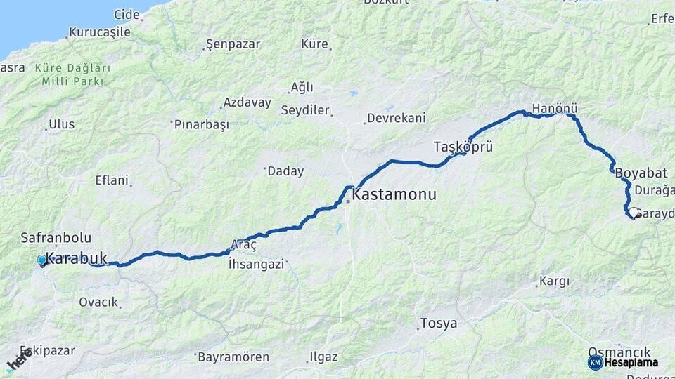 Karabük Saraydüzü Sinop Arası Kaç Km - Yol Haritası