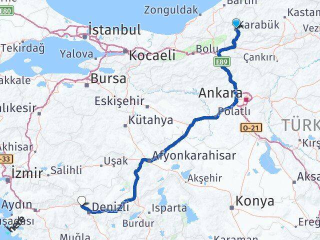Karabük Sarayköy Denizli Arası Kaç Km - Yol Haritası