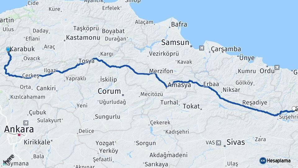 Karabük Şebinkarahisar Giresun Arası Kaç Km - Yol Haritası
