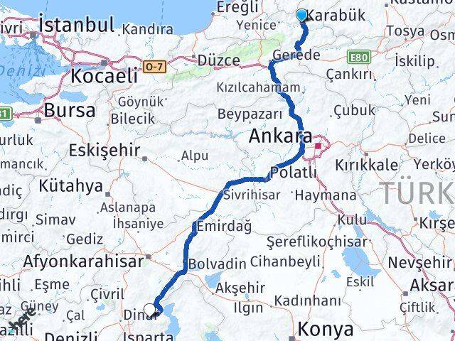Karabük Senirkent Isparta Arası Kaç Km - Yol Haritası