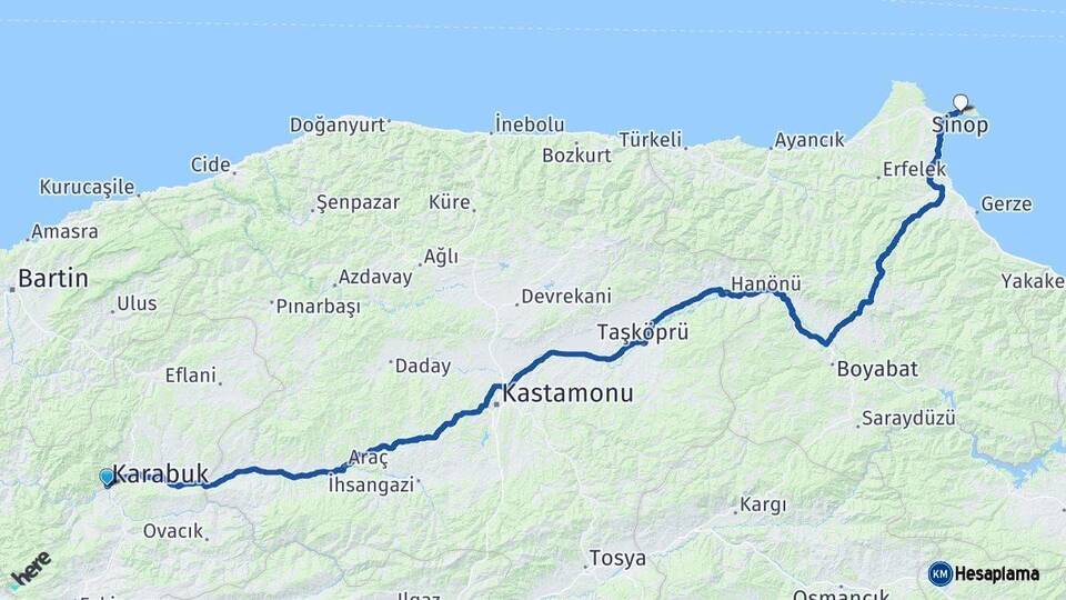 Karabük Sinop Arası Kaç Km - Yol Haritası