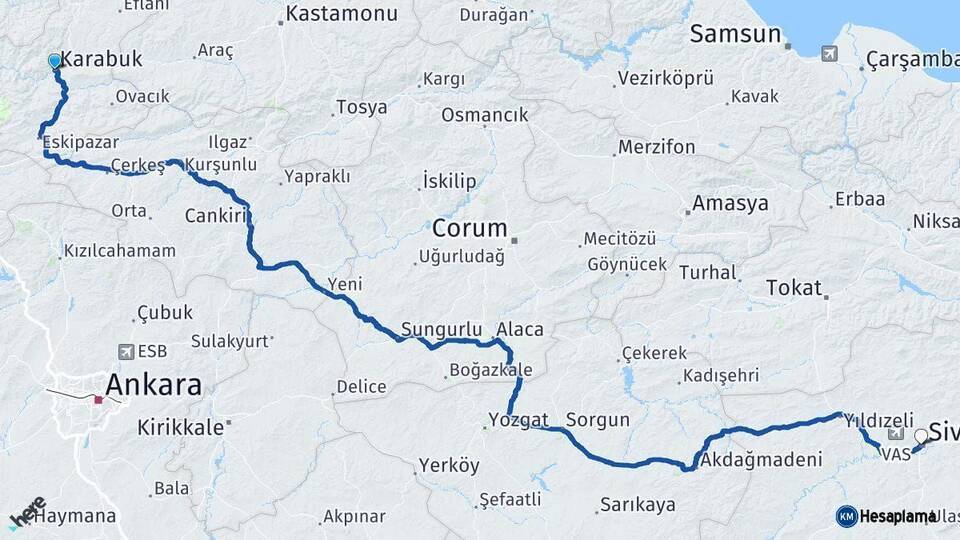 Karabük Sivas Arası Kaç Km - Yol Haritası