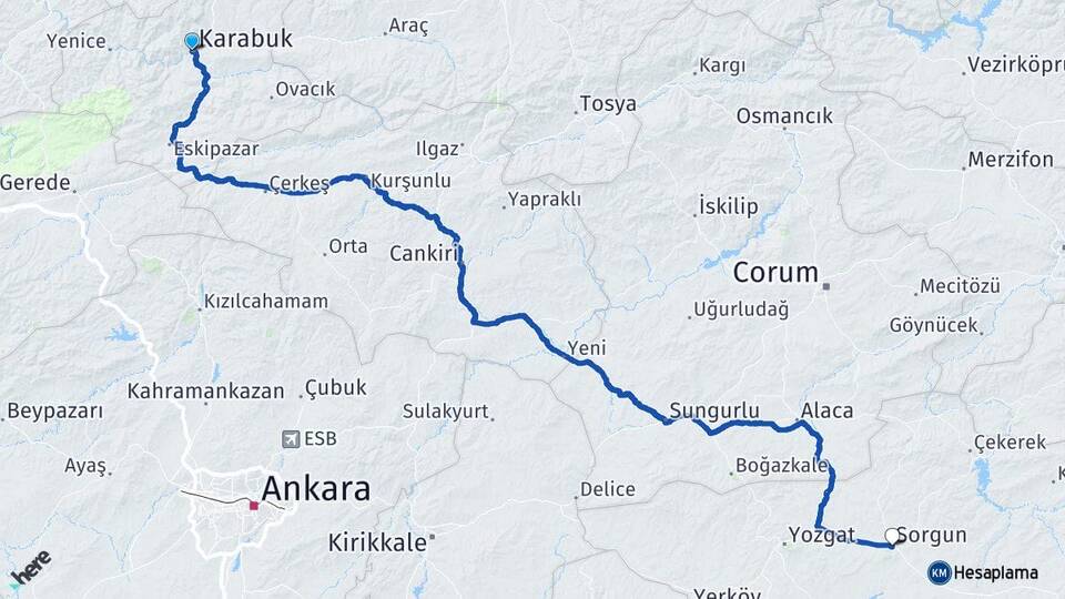 Karabük Sorgun Yozgat Arası Kaç Km - Yol Haritası