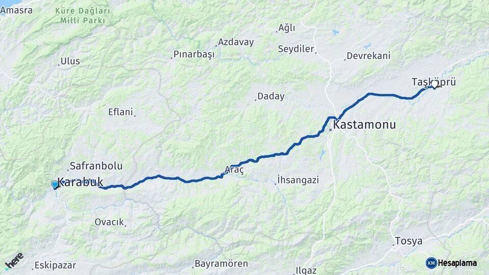 Karabük Taşköprü Kastamonu Arası Kaç Km - Yol Haritası