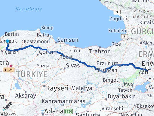 Karabük Taşlıçay Ağrı Arası Kaç Km - Yol Haritası