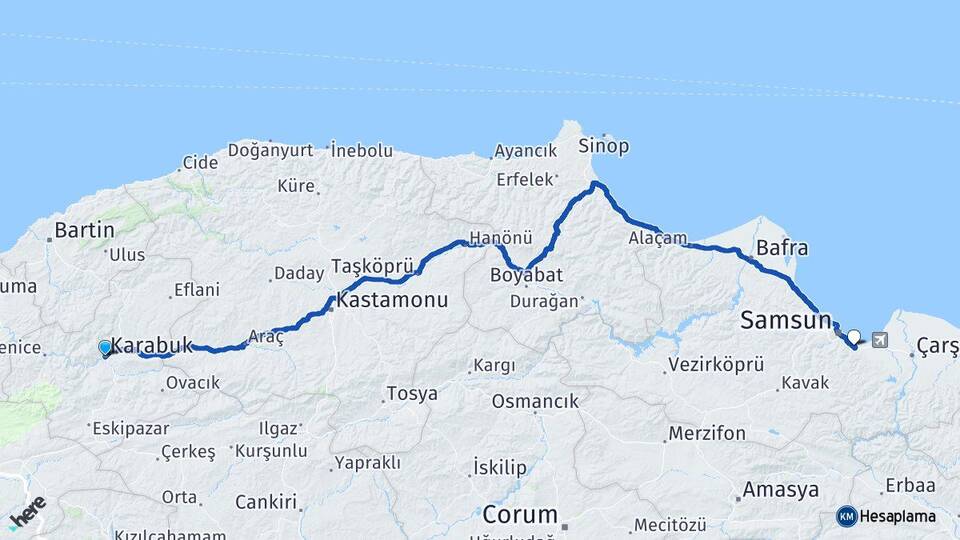 Karabük Tekkeköy Samsun Arası Kaç Km - Yol Haritası