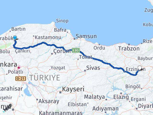 Karabük Tercan Erzincan Arası Kaç Km - Yol Haritası