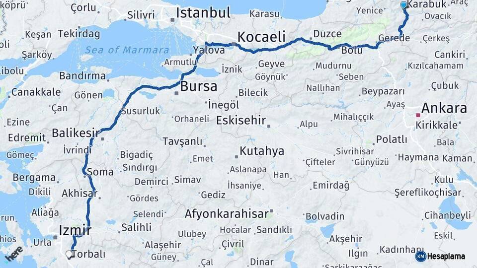 Karabük Torbalı İzmir Arası Kaç Km - Yol Haritası