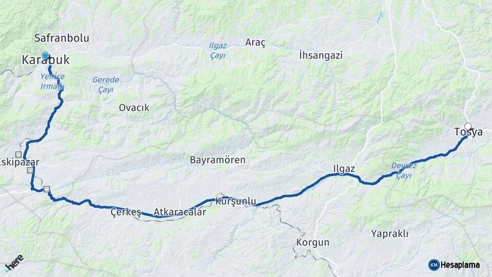 Karabük Tosya Kastamonu Arası Kaç Km - Yol Haritası
