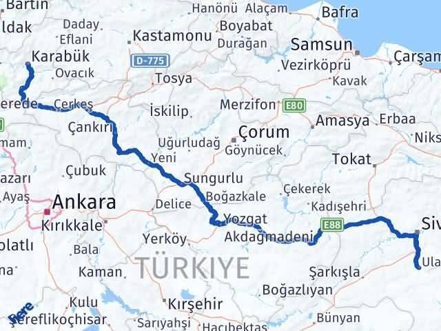Karabük Ulaş Sivas Arası Kaç Km - Yol Haritası