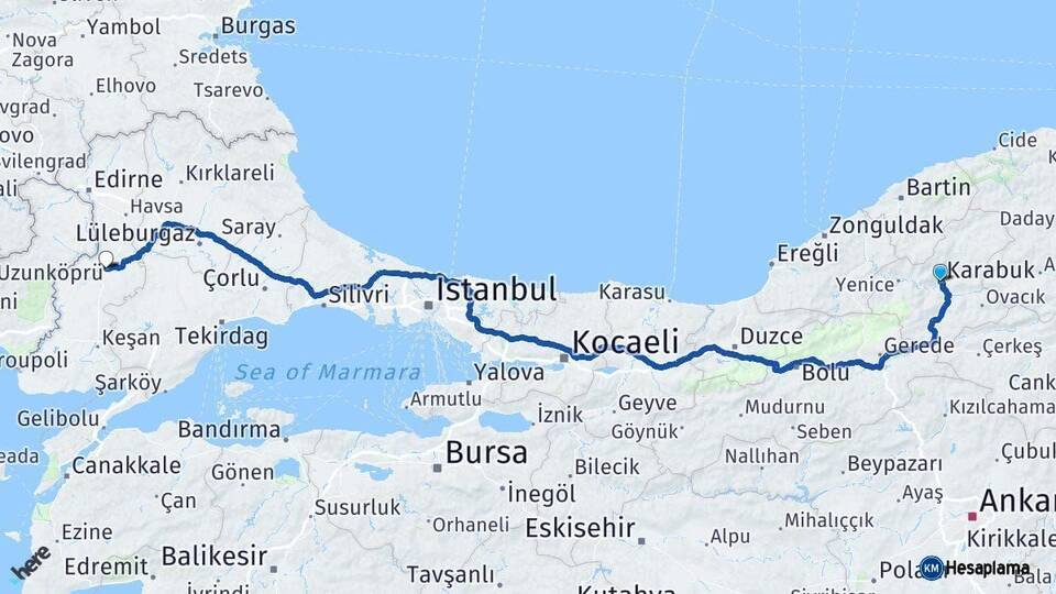 Karabük Uzunköprü Edirne Arası Kaç Km - Yol Haritası
