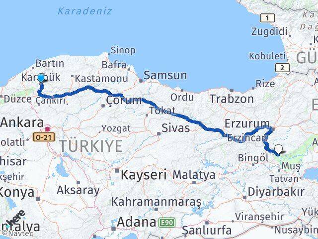 Karabük Varto Muş Arası Kaç Km - Yol Haritası