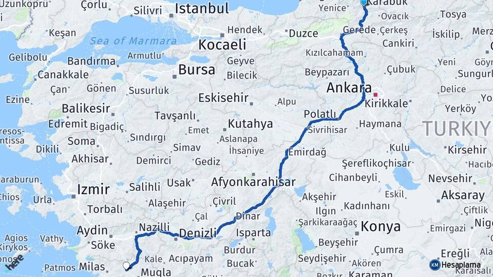 Karabük Yatağan Muğla Arası Kaç Km - Yol Haritası