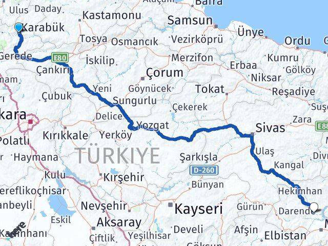 Karabük Yazıhan Malatya Arası Kaç Km - Yol Haritası