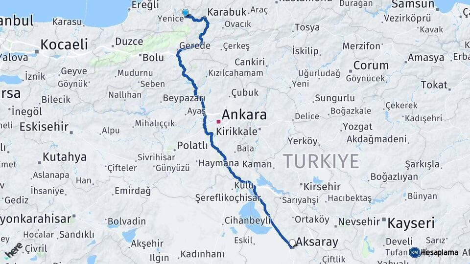 Karabük Yenice Aksaray Arası Kaç Km - Yol Haritası
