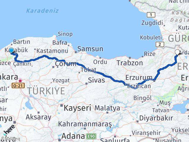 Karabük Yenice Ardahan Arası Kaç Km - Yol Haritası