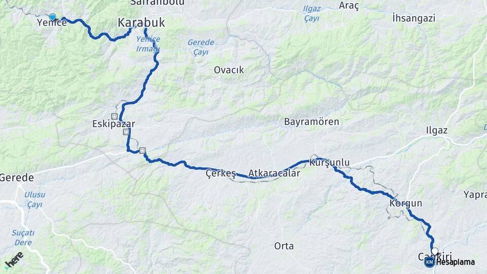 Karabük Yenice Çankırı Arası Kaç Km - Yol Haritası