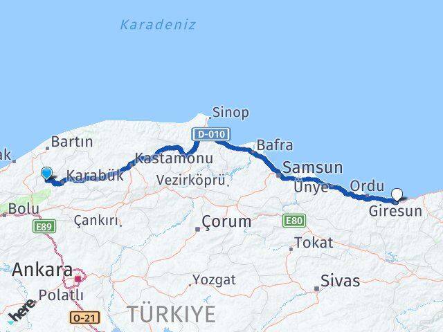 Karabük Yenice Giresun Arası Kaç Km - Yol Haritası