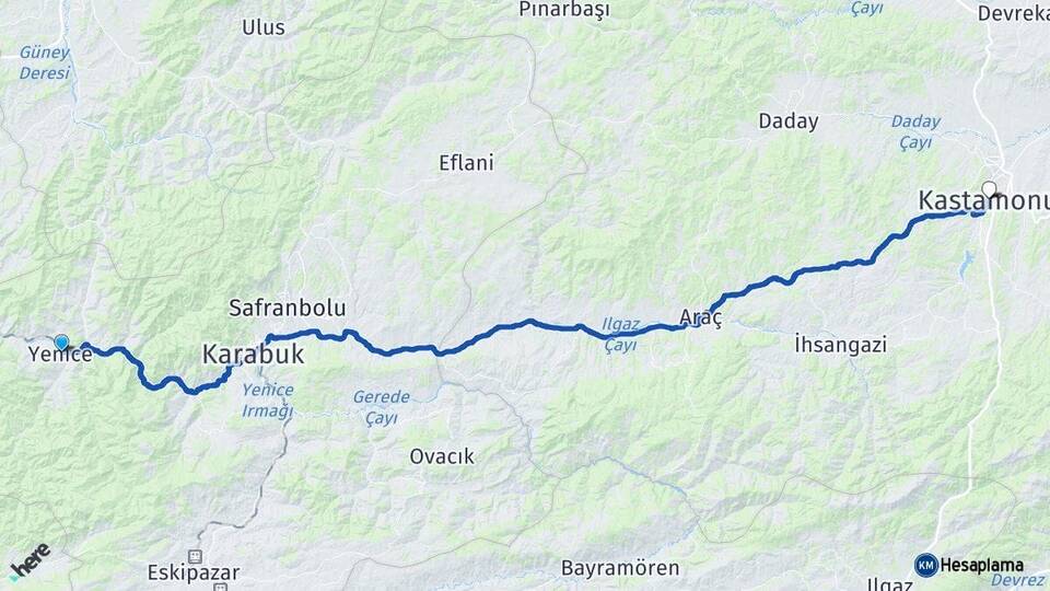 Karabük Yenice Kastamonu Arası Kaç Km - Yol Haritası