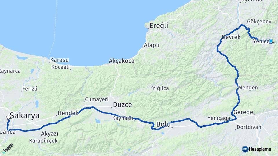 Karabük Yenice Sakarya Arası Kaç Km - Yol Haritası