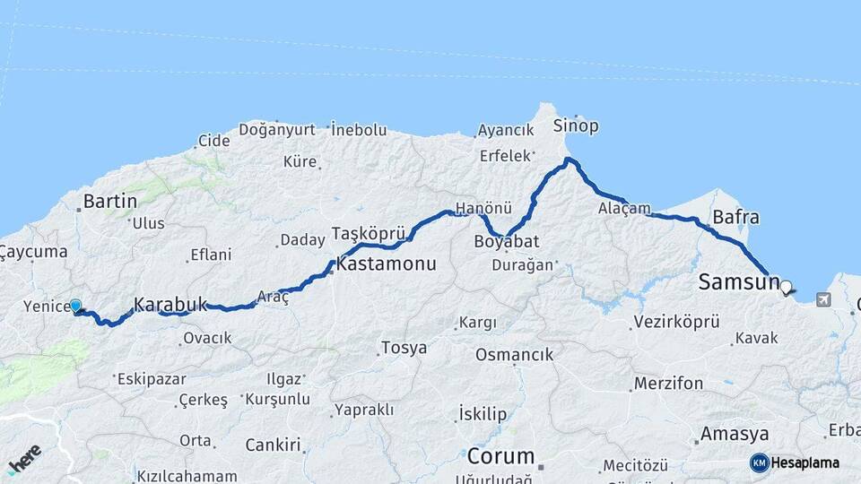 Karabük Yenice Samsun Arası Kaç Km - Yol Haritası
