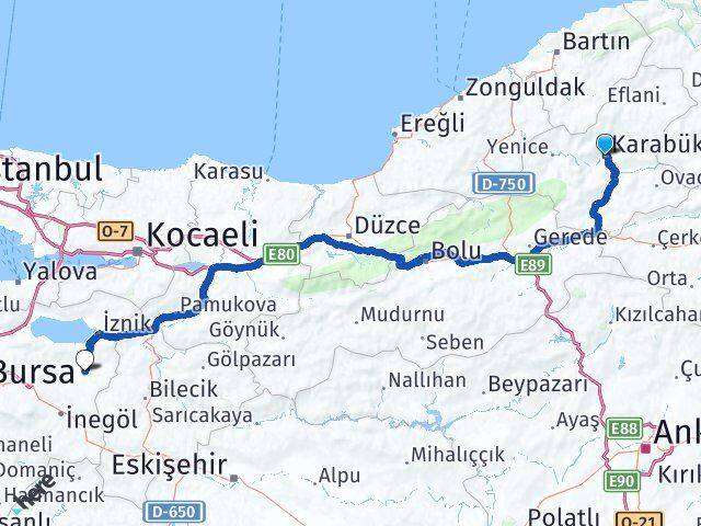 Karabük Yenişehir Bursa Arası Kaç Km - Yol Haritası