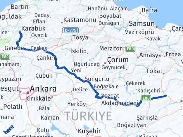 Karabük Yıldızeli Sivas Arası Kaç Km - Yol Haritası