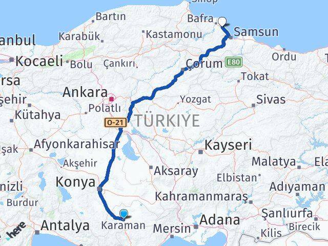 Karaman 19 Mayıs Samsun Arası Kaç Km - Yol Haritası