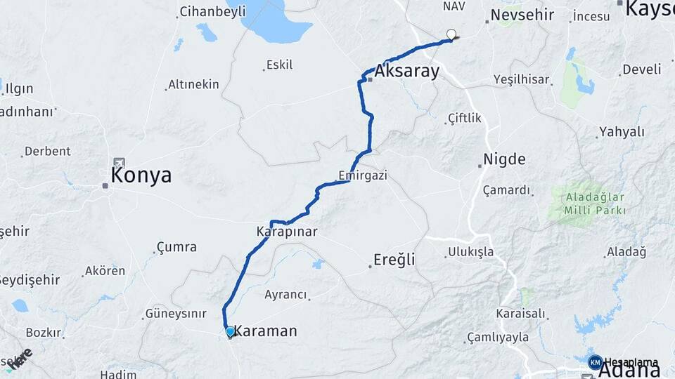 Karaman Acıgöl Nevşehir Arası Kaç Km - Yol Haritası