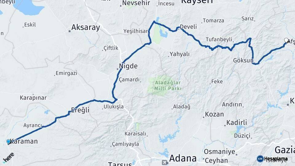 Karaman Afşin Kahramanmaraş Arası Kaç Km - Yol Haritası