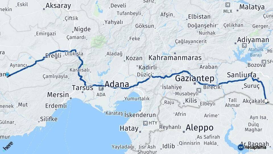 Karaman Akçakale Şanlıurfa Arası Kaç Km - Yol Haritası