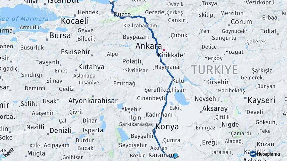 Karaman Akçakoca Düzce Arası Kaç Km - Yol Haritası