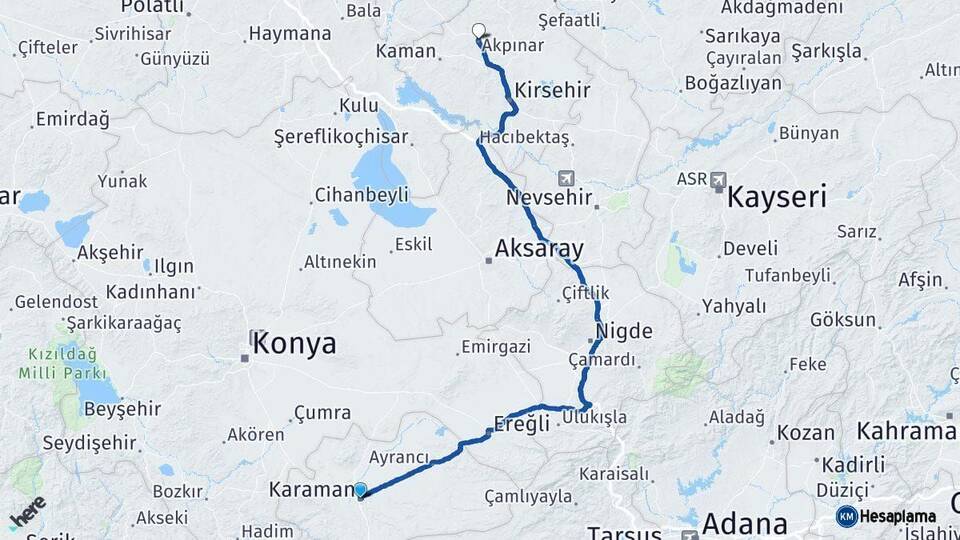 Karaman Akpınar Kırşehir Arası Kaç Km - Yol Haritası