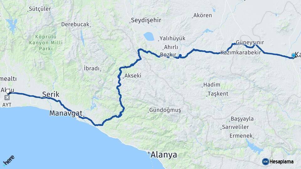 Karaman Aksu Antalya Arası Kaç Km - Yol Haritası