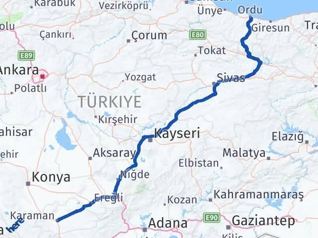 Karaman Altınordu Arası Kaç Km - Yol Haritası