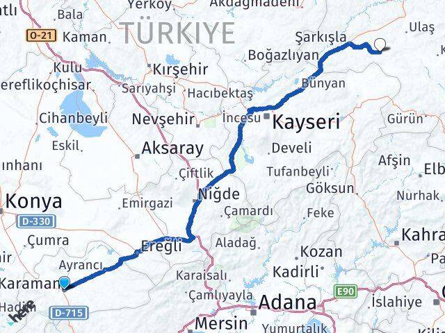 Karaman Altınyayla Sivas Arası Kaç Km - Yol Haritası