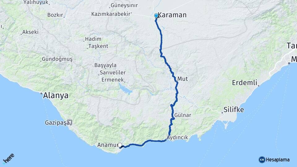 Karaman Anamur Mersin Arası Kaç Km - Yol Haritası