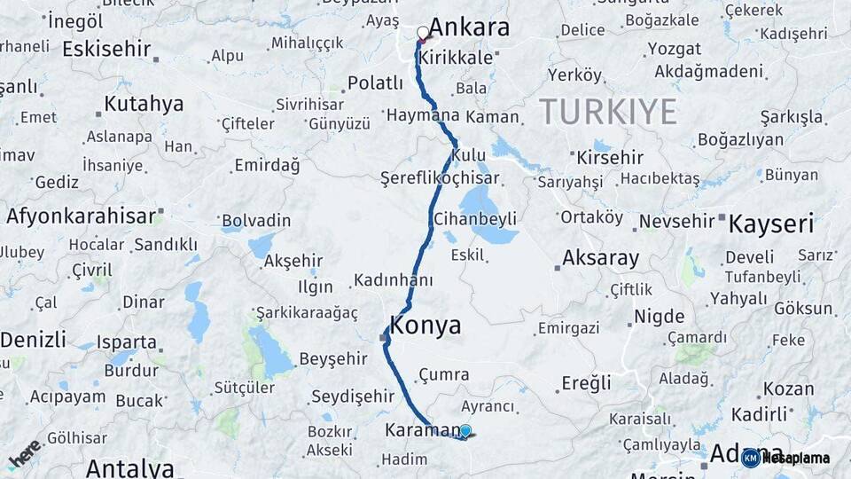 Karaman Ankara Arası Kaç Km - Yol Haritası