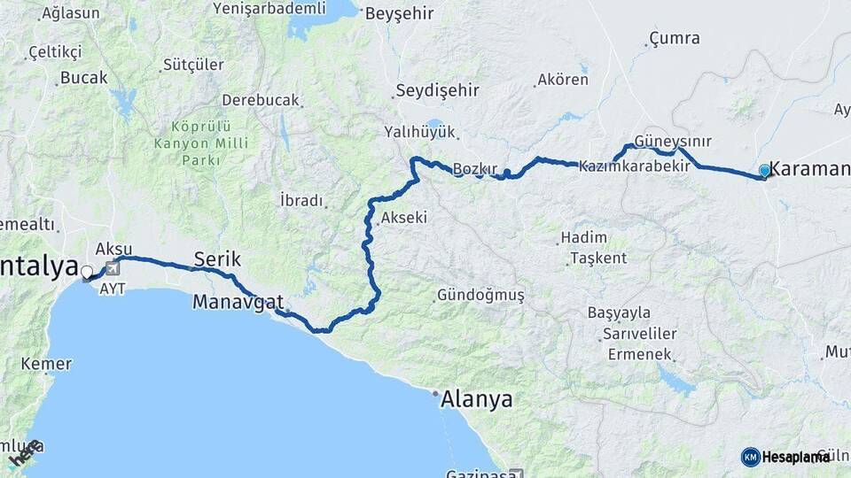 Karaman Antalya Arası Kaç Km - Yol Haritası