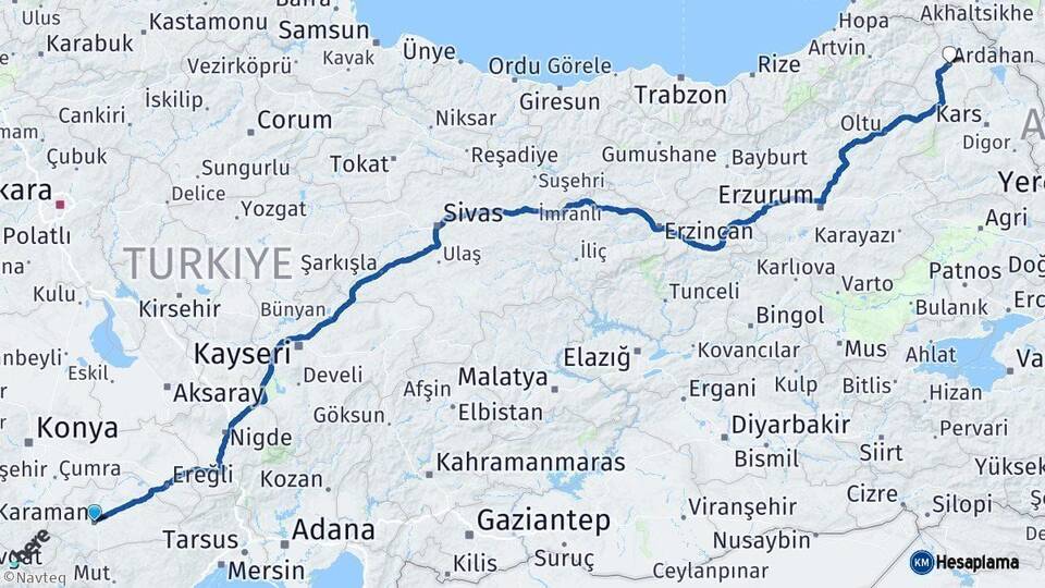 Karaman Ardahan Arası Kaç Km - Yol Haritası