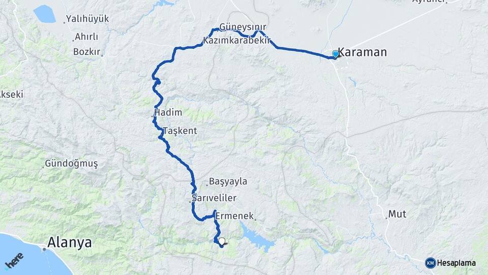 Karaman Ardıçkaya Ermenek Arası Kaç Km - Yol Haritası