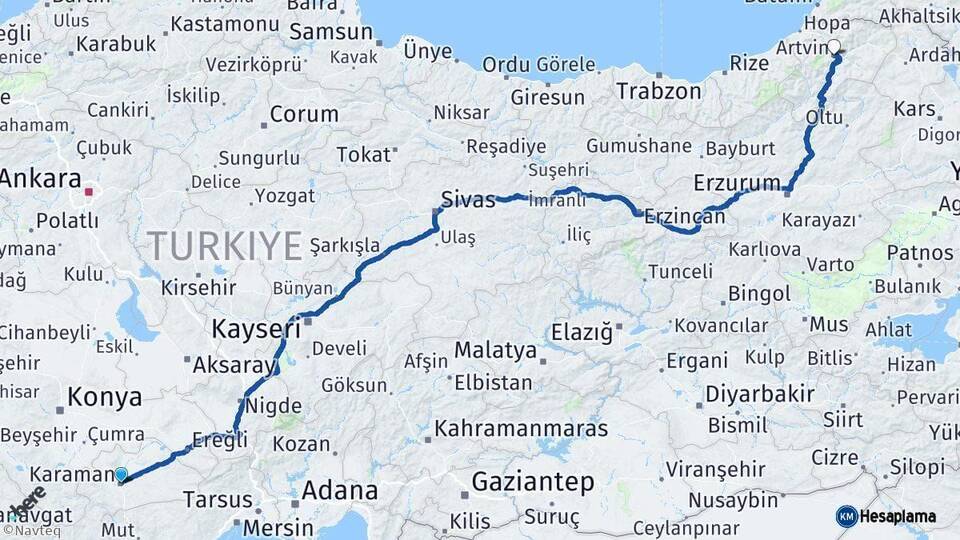 Karaman Artvin Arası Kaç Km - Yol Haritası