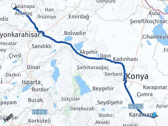 Karaman Aslanapa Kütahya Arası Kaç Km - Yol Haritası